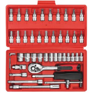 Justech 46 Pieces Socket Ratchet Wrench Set 1/4" Drive Car Repairing Tool Kits-Red