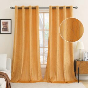 EMEMA Orange Velvet Curtains Branch Pattern 90 Inch drop Curtain Pair Eyelet Room Drapes for Living Room Kids Bedroom Nursery 46" W x 90" L 117x228 cm 2 Panels