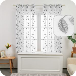 Amazon Brand - Umi Embroidered Leaves Pattern Sheer Curtains Eyelets Linen Effect Voile Curtains Super Soft Net Curtains for Living Room 55 x 54 Grey Two Panels