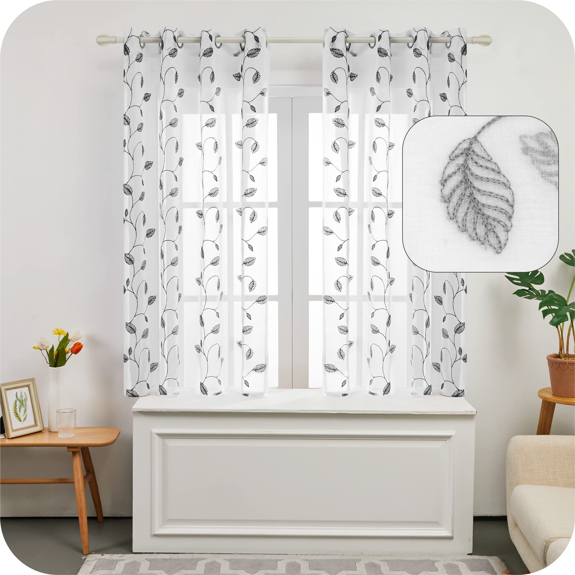 Amazon Brand - Umi Embroidered Leaves Pattern Sheer Curtains Eyelets Linen Effect Voile Curtains Super Soft Net Curtains for Living Room 55 x 54 Grey Two Panels