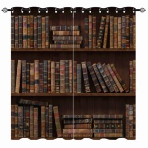 YUANZU Bookshelf Curtains - Vintage Retro Rustic Wood Study Old Book Print Pattern Eyelet Blackout Thermal Insulated & Room Darkening Window Drapes for Bedroom Living Room 2 Panels W75cm x D166cm