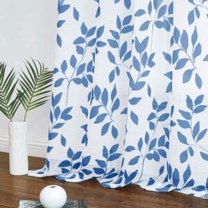 Navy-Blue Sheer Curtains Living Room 72 inches Length Floral Leaves Printed on White Semi Sheer Drapes for Bedroom Privacy Linen Textured Window Panels for Guest Room Office Studio