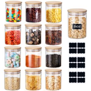 Yibaodan Glass Jars Set 150ml 12 Pack 6oz Spice Jars with Bamboo Lids and Labels Small Food Cereal Storage Containers for Home Kitchen Tea Herbs Coffee Flour Herbs Grain (12Pack/12 Black Labels)