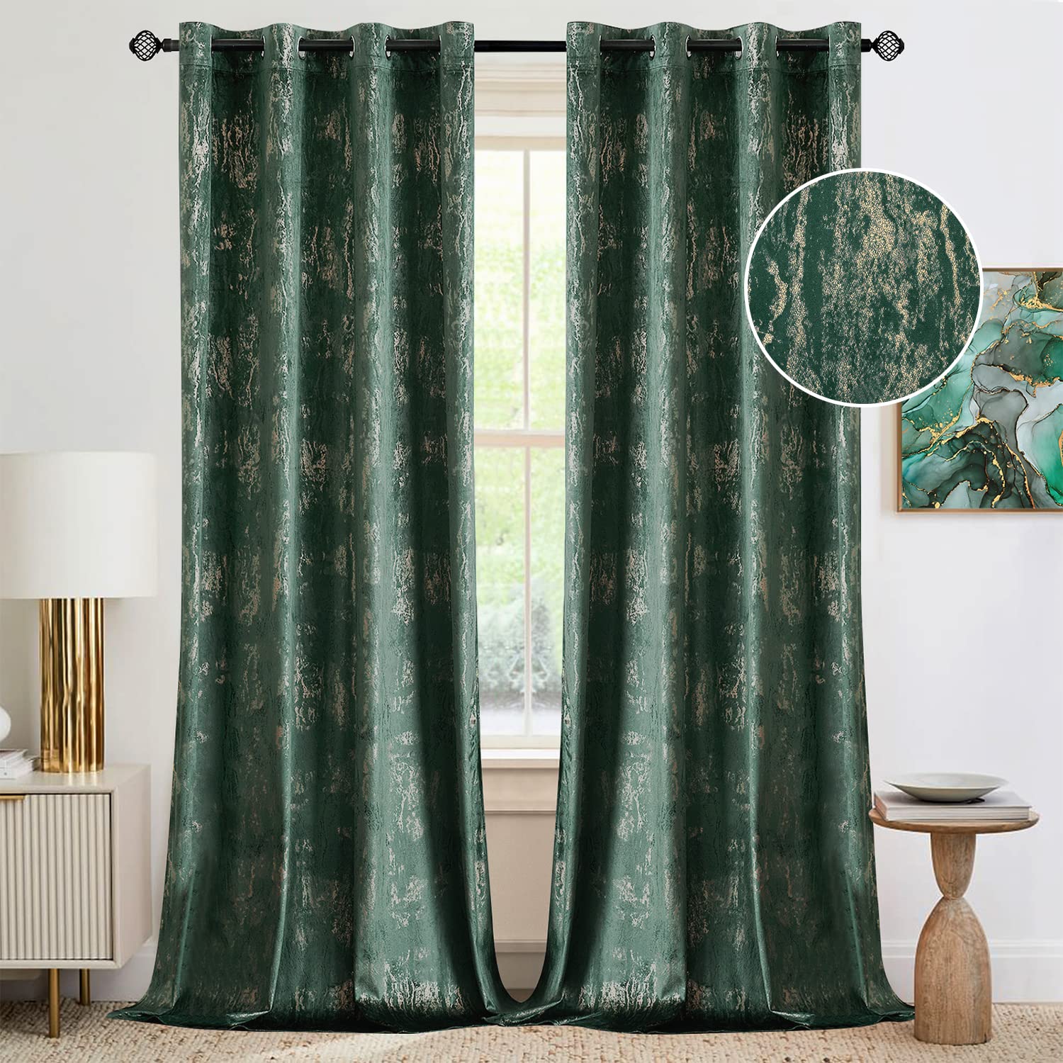 Woaboy Velvet Curtains W 46 x L 90 inches Soft Luxury Living Room Curtains Gold Foil Print Room Darkening Curtains Thermal Insulated Eyelet Drapes for Bedroom 2 Panels
