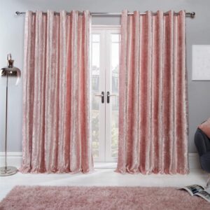 Sienna Crushed Velvet Eyelet Ring Top Pair of Fully Lined Curtains - Blush Pink