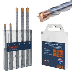 Presch SDS-Plus Carbide Drill Bit Set X4-5 pcs - Reinforced Concrete Drill Bit with 4 Cutting Edges and Dowel Length Indicator - Drill Bit for Concrete