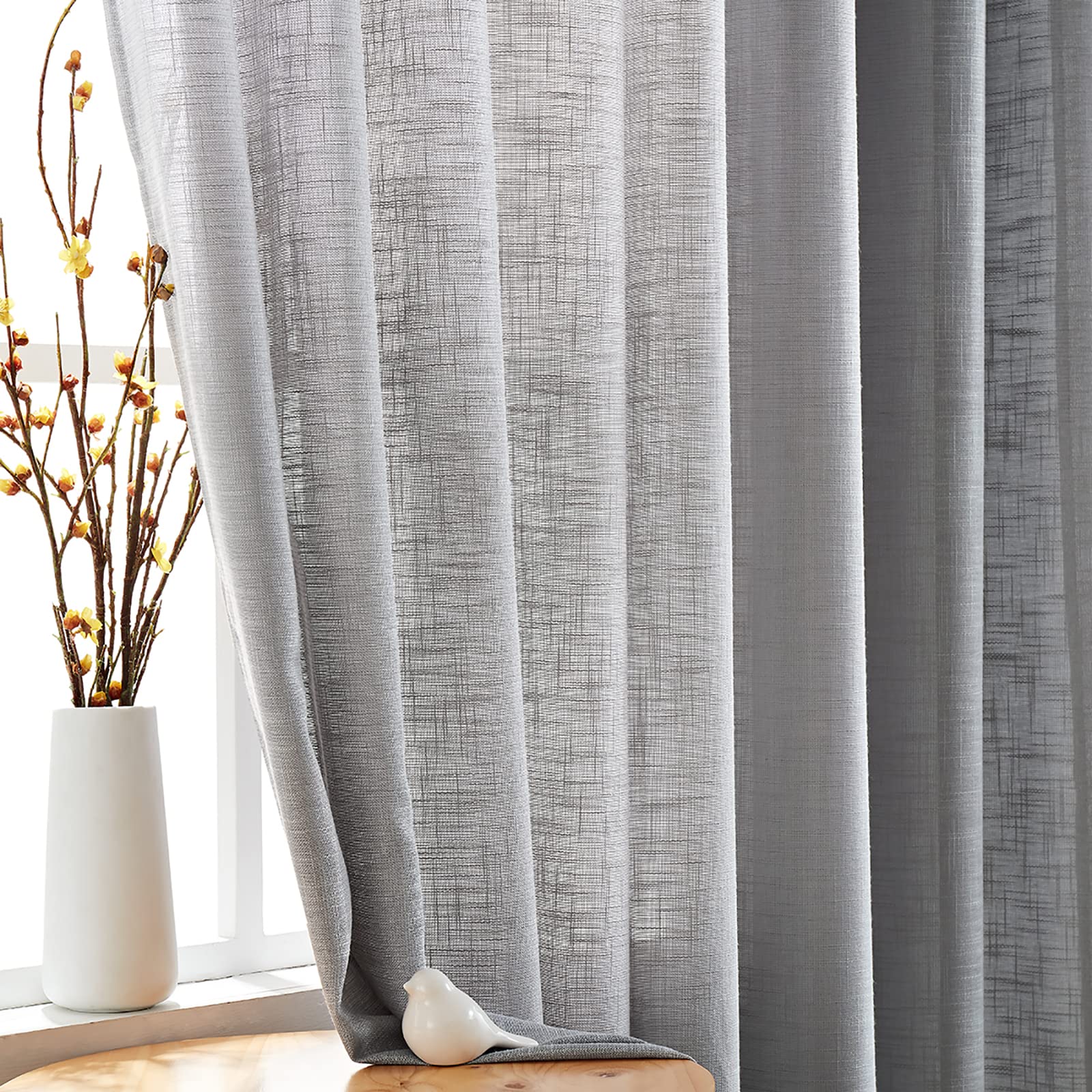 Semi-Sheer Grey Curtains for Bedroom 72" Long Linen Textured Light Filtering Eyelet Ring Top Window Curtain Panels for Living Room Contemporary Solid Color Not See Through Drapes 2 Pack 52" width