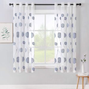 MIULEE Embroidery Sheer Curtains Flora Design Grommet Window Curtain Semi Voile Drapes Panels with Eyelets Window Treatments for Living Room Bedroom 2 Panels 55" W x 63" L Navy