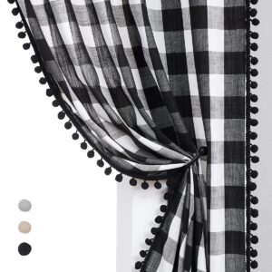Black&nbsp;Buffalo&nbsp;Check&nbsp;Curtains Pom Pom Rustic Farmhouse Black White Plaid Curtain Panels for Nursery Kids Light Filtering Linen Semi Sheer Window Drapes for Bedroom