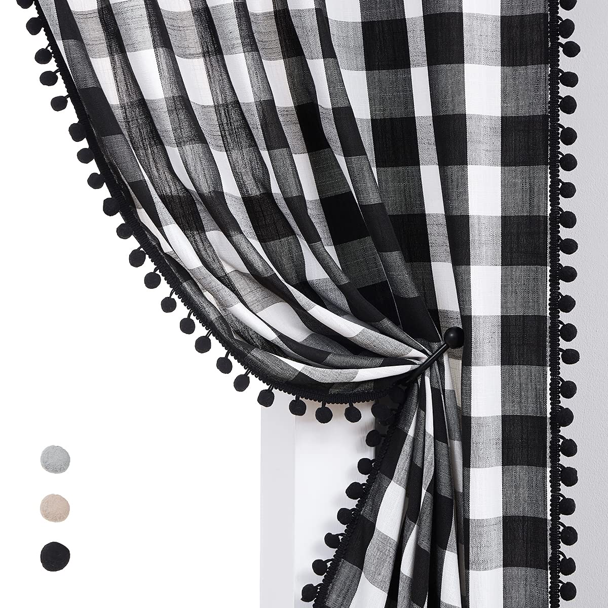 Black&nbsp;Buffalo&nbsp;Check&nbsp;Curtains Pom Pom Rustic Farmhouse Black White Plaid Curtain Panels for Nursery Kids Light Filtering Linen Semi Sheer Window Drapes for Bedroom