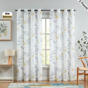 Beauoop Floral Semi Sheer Curtains 90 Inch Long for Living Room Bedroom Farmhouse Botanical Leaf Printed Rustic Linen Texture Panel Drapes Eyelet Window Treatment