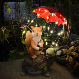 Solar Garden Statues - Outdoor Ornaments Squirrel Siting on Turtle Holding an Umbrella with LED String Lights Waterproof Tortoise Animal Figurine for Decoration Yard Lawn Housewarming Garden Gif