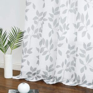 Grey White Sheer Curtains for Bedroom 72 Inches Light Filtering Farmhouse Gray Leaf Print Window Treatment Sets for Living Room Botanical Linen Textured Eyelet Curtains Drapes