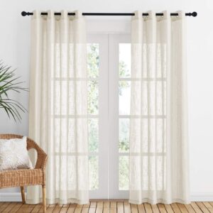 PONY DANCE Sheer Voile Curtains - 52 x 84 Semi-Sheer Faux Linen Voile Curtains Heavy-Duty Window Nets Panel with Cross Pattern for Bedroom Decoration