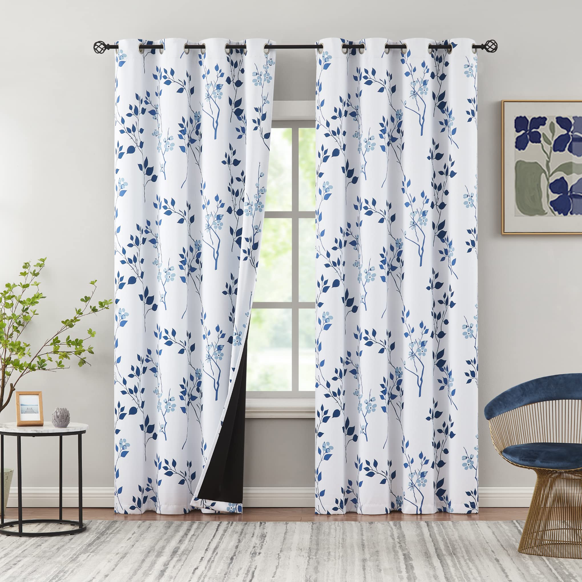 Beauoop Floral Blackout Window Curtain Panels 95% Room Darkening Thermal Insulated Noise Reducing Drapes for Bedroom/Living Room Leaf Eyelet Top Window Treatment
