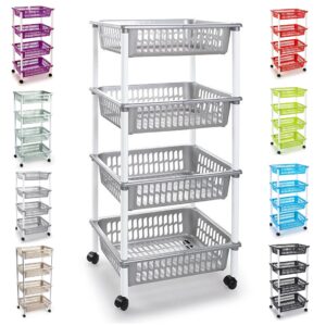 Plastic Storage Trolley Unit with Wheels Utility Kitchen Cart Vegetable Rack Fruit Basket Corner Shelf for Kitchen Bedroom Bathroom Living Room Office (4-Tier - Silver)