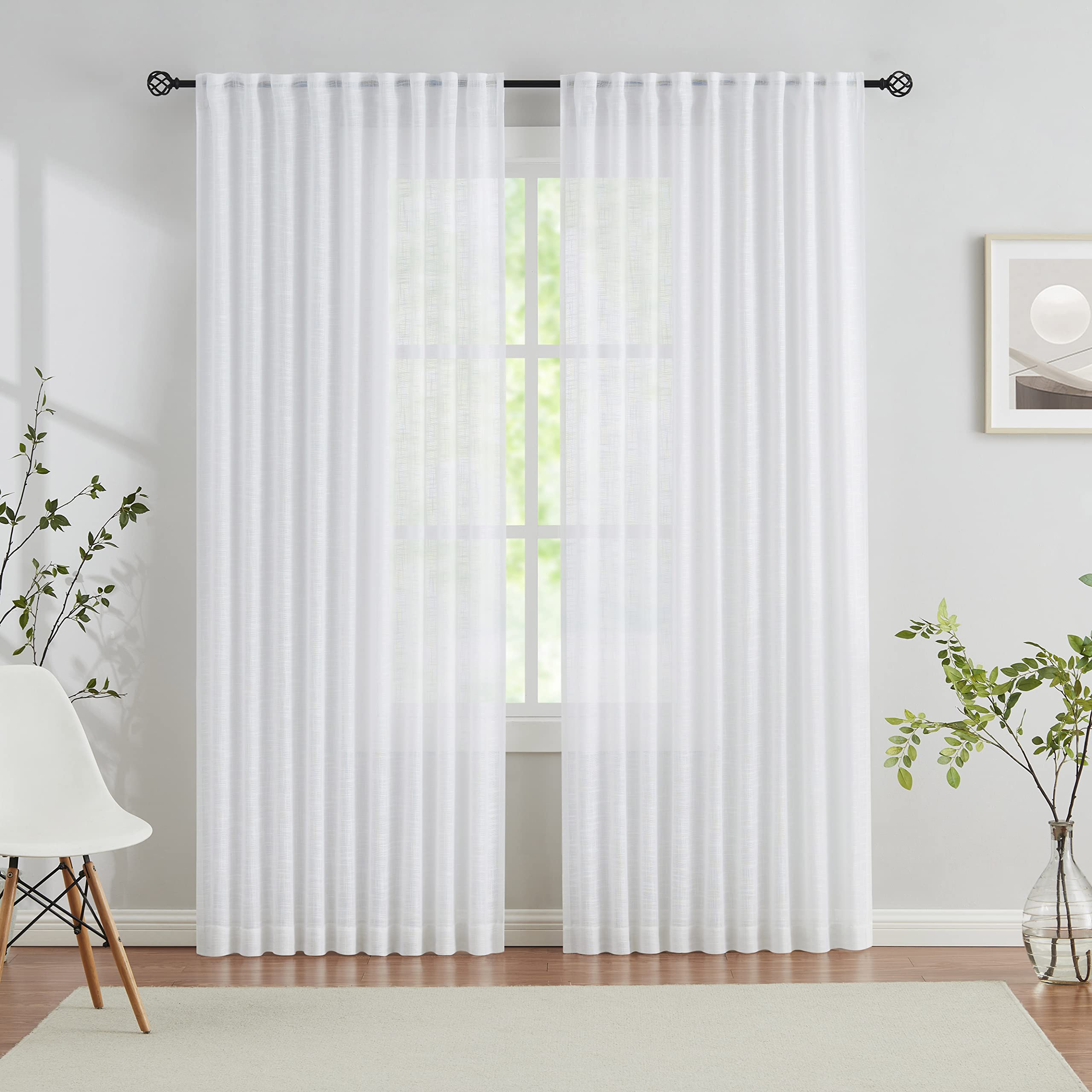 White Sheer Curtains for Guest Bedroom 72" Cross Linen Textured Privacy Window Curtain Sets Elegant Light Filtering Transparent Pencil Pleat Top Drapes for Living Room Patio Parlor 52&rdquo;w 2 Panels