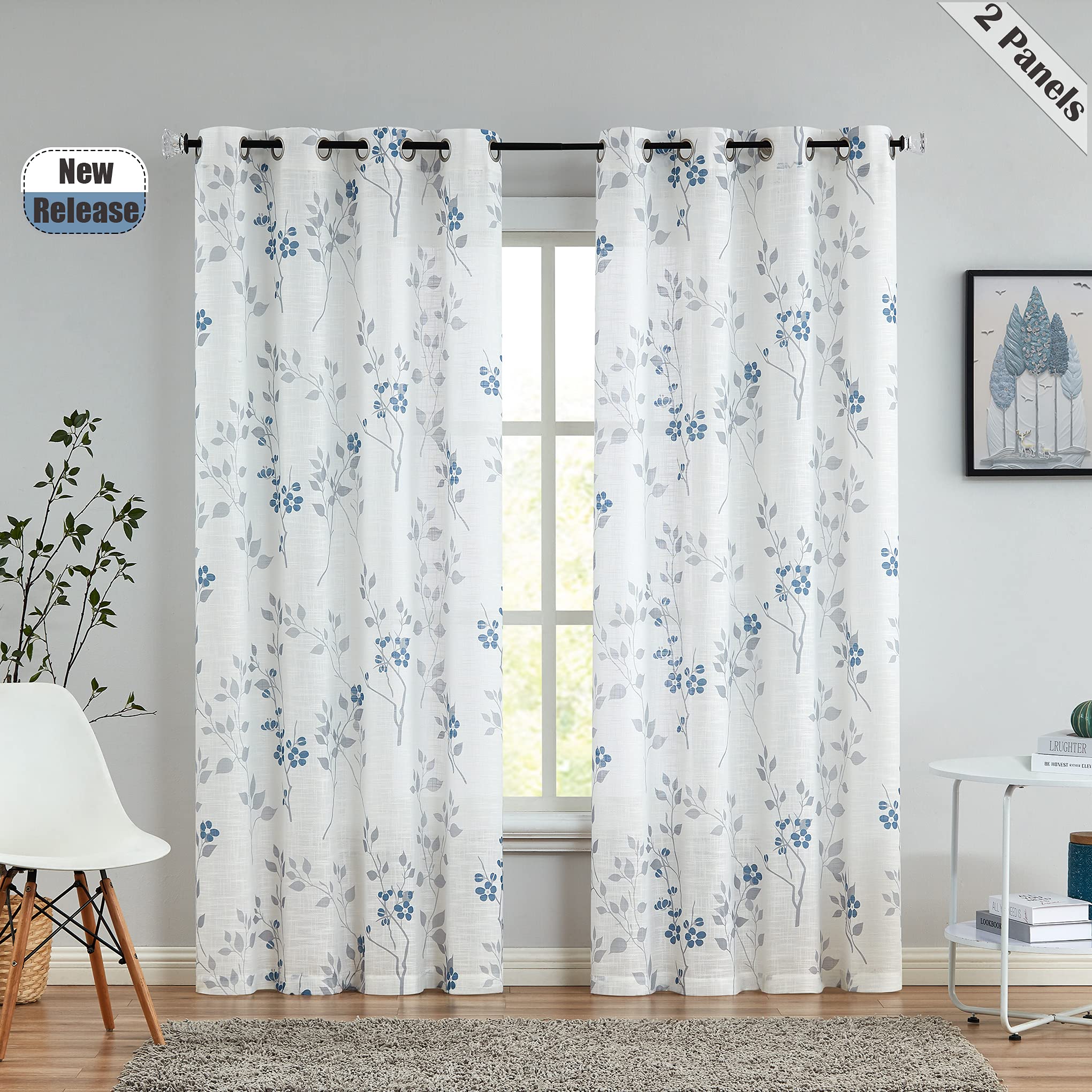 Beauoop Leaf Print Sheer Window Curtains 90 Inches Long Botanical Floral Pattern Panels Linen Texture Drapes for Living Room/Bedroom/Farmhouse Voile Eyelet Window Treatment