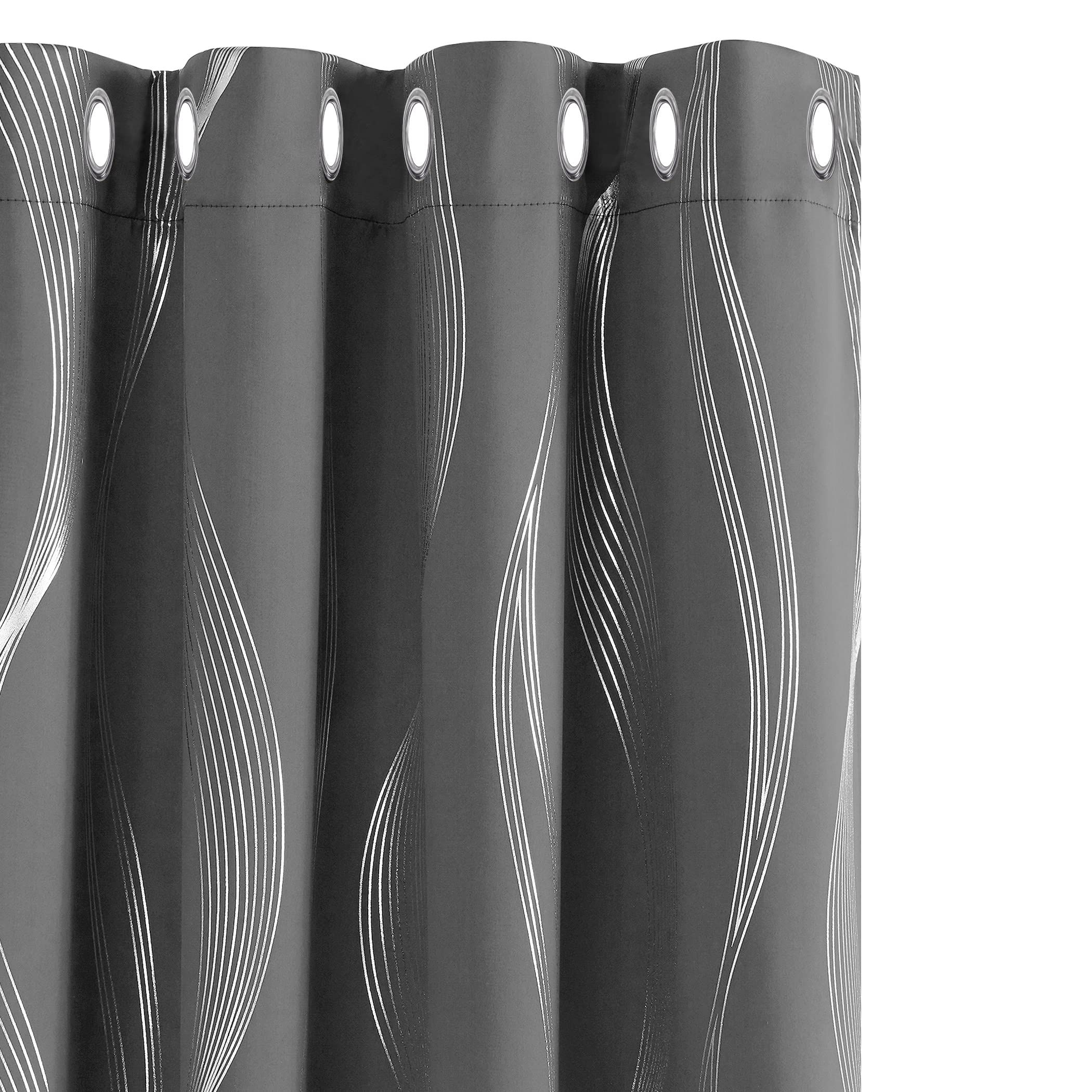 Deconovo Super Soft Wave Line Foil Printed Thermal Insulated Blackout Curtains Window Treatment Eyelet Curtains for Children 55 x 96 Inch Grey Two Panels