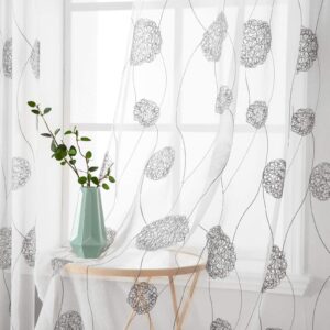 MIULEE 2 Panels Embroidered Sheer Window Flora Design Grommet Curtains Window Voile Panels/Drape/Treatment for Bedroom Living Room Flora Grey 55" Wx88" L