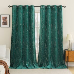 EMEMA Dark Green Velvet Curtains Branch Pattern 90 Inch drop Curtain Pair Eyelet Room Drapes for Living Room Kids Bedroom Nursery 46" W x 90" L 117x228 cm 2 Panels