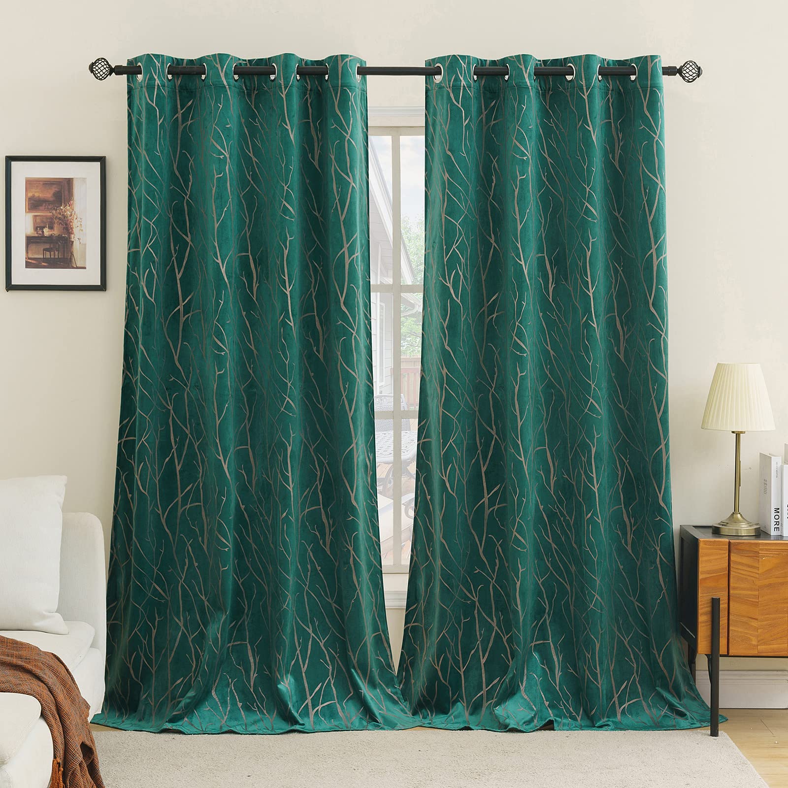 EMEMA Dark Green Velvet Curtains Branch Pattern 90 Inch drop Curtain Pair Eyelet Room Drapes for Living Room Kids Bedroom Nursery 46" W x 90" L 117x228 cm 2 Panels