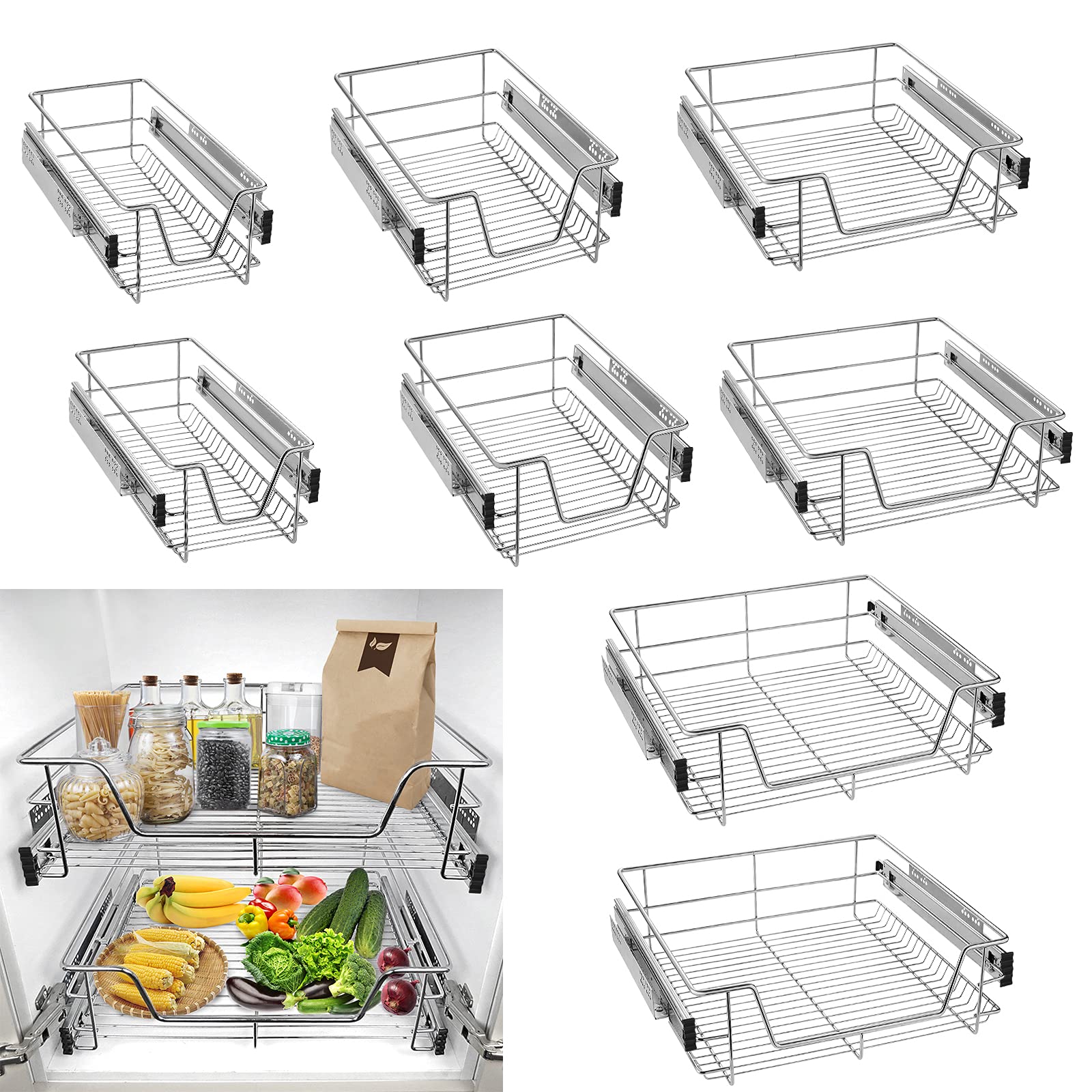 Froadp Under Shelf Storage Basket with Extended Rail Telescopic Shelving Slide Out Wire Drawer Pull-Out Pantry Organizers for Cabinet Cupboard Kitchen Storage Organisation(40cm