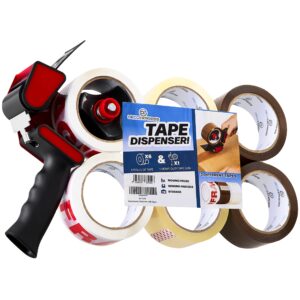 DECO EXPRESS Packaging Tape with Dispenser Gun 6 Rolls Parcel Tape Strong Brown Tape Fragile Tape and Clear Roll