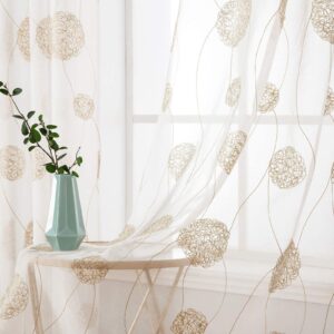 MIULEE 2 Panels Embroidered Sheer Window Flora Design Grommet Curtains Decoration Window Voile Panels Drape Treatment for Bedroom Living Room Flora Gold 55" Wx88 L