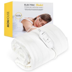 MONHOUSE Premium Soft Fleece Electric Blanket - Heated Under Blanket - Heated Mattress Cover - Detachable Controller & Machine Washable - 3 Heat Settings - Double 120x135cm - White