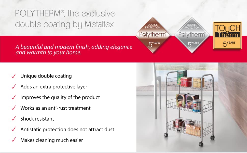 Metaltex Lugano 3-Tier Trolley with Wheels - Multipurpose Storage Cart for Home