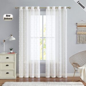 Beauoop Ivory Sheer Window Curtain Panels Embroidered with Pom Pom Nursery Child Window Drapes Elegant Grommet Top Window Treatment for Living Room Bedroom Girls Room