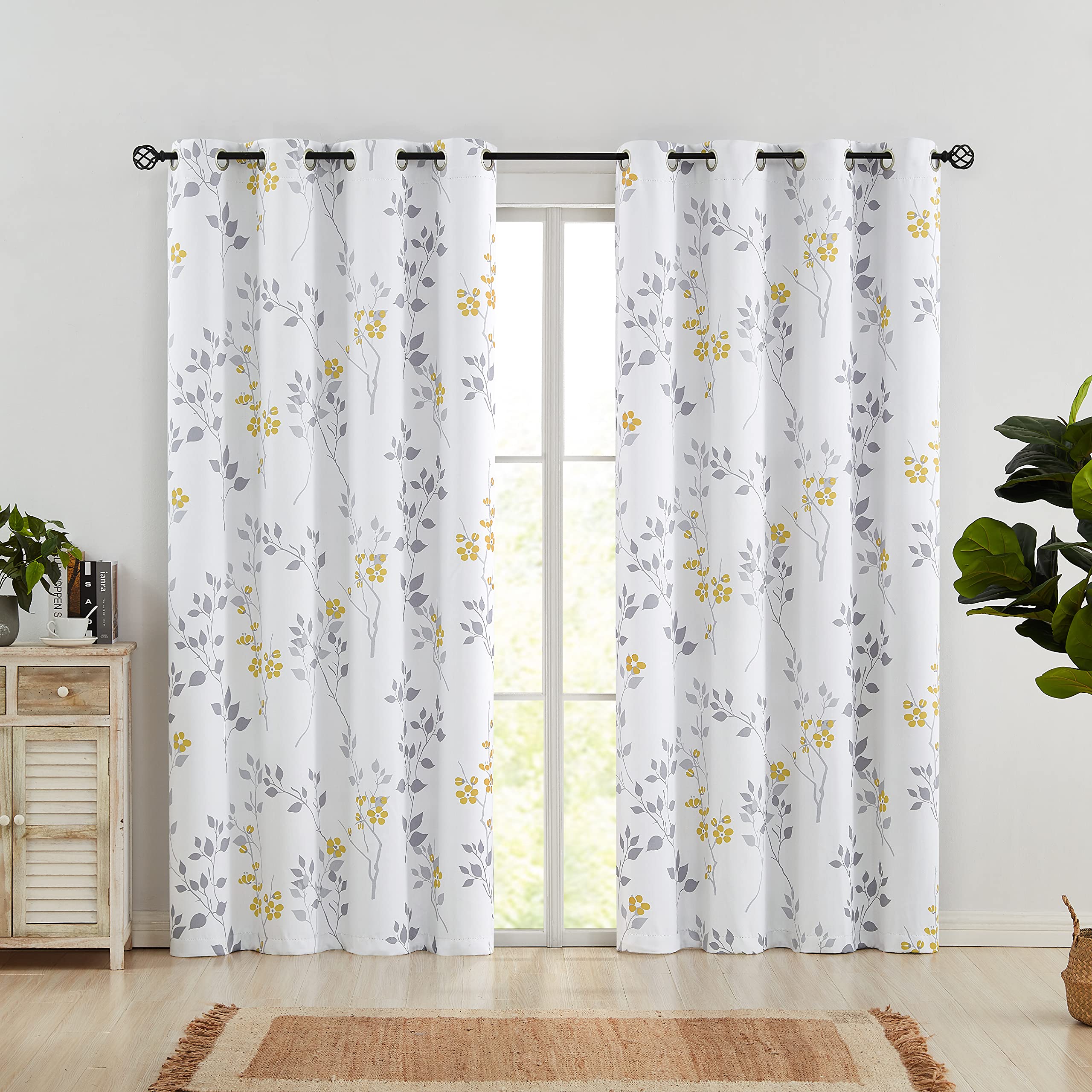 Beauoop Floral Blackout Window Curtain Panels Thermal Insulated Noise Reducing Drapes for Bedroom/Living Room Leaf Energy Saving Window Treatment Eyelet Top