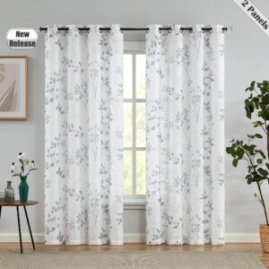 Beauoop Leaf Print Sheer Window Curtains 90 Inches Long Botanical Floral Pattern Panels Linen Texture Drapes for Living Room/Bedroom/Farmhouse Semi Sheer Eyelet Window Treatment