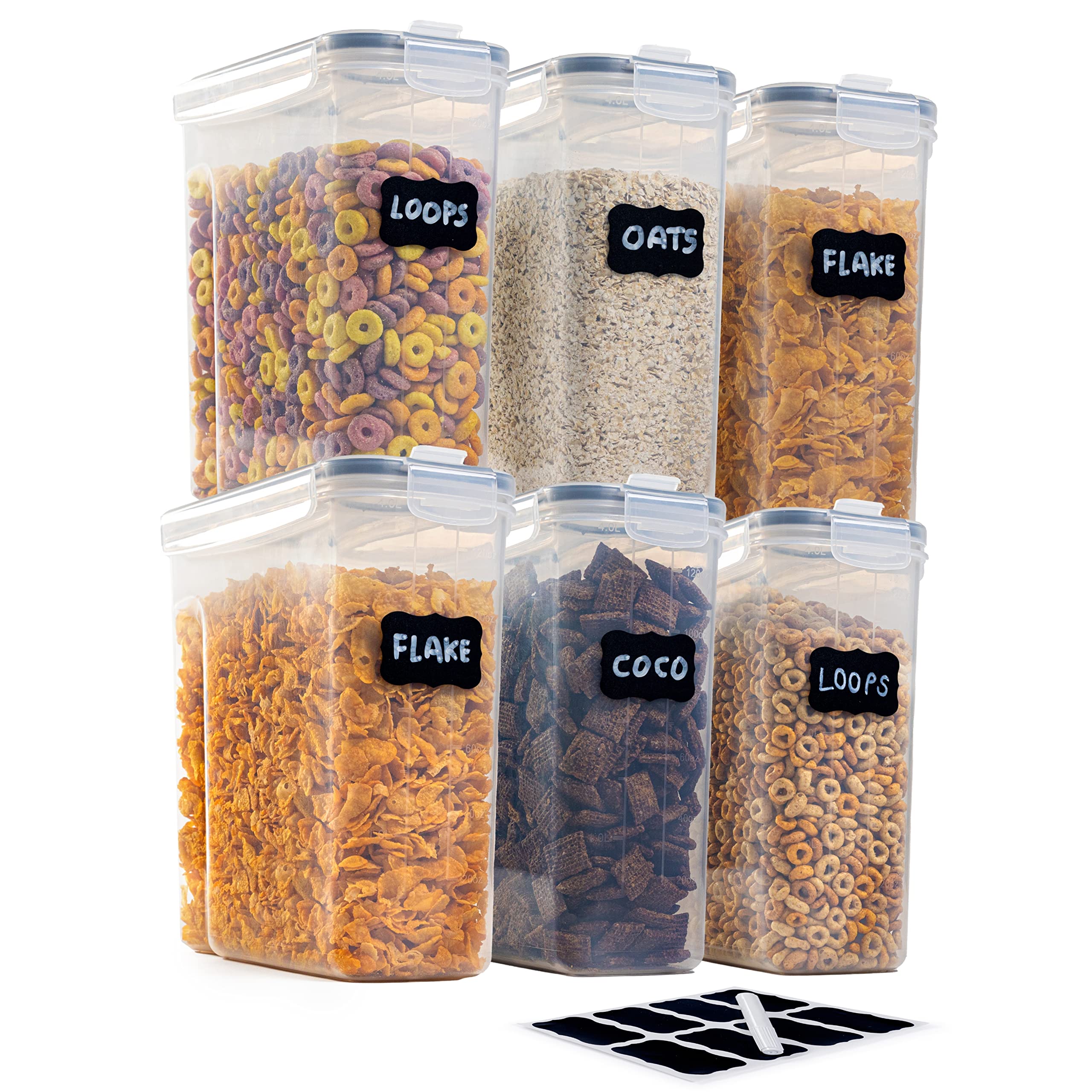 uovva Airtight Cereal Storage Containers – 6pcs Food Storage Containers Set – 4L Kitchen Pantry Organiser – BPA Free Cereal Dispenser Set – Ideal for Cereal & Cornflakes Storage