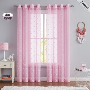 Beauoop Cute Pom Pom Sheer Curtains for Girls Kids Room Dot Voile Sheer Juvenile Drapes for Bedroom Living Room Light Filtering Decorative Eyelet Window Treatment Sets (2 Panels