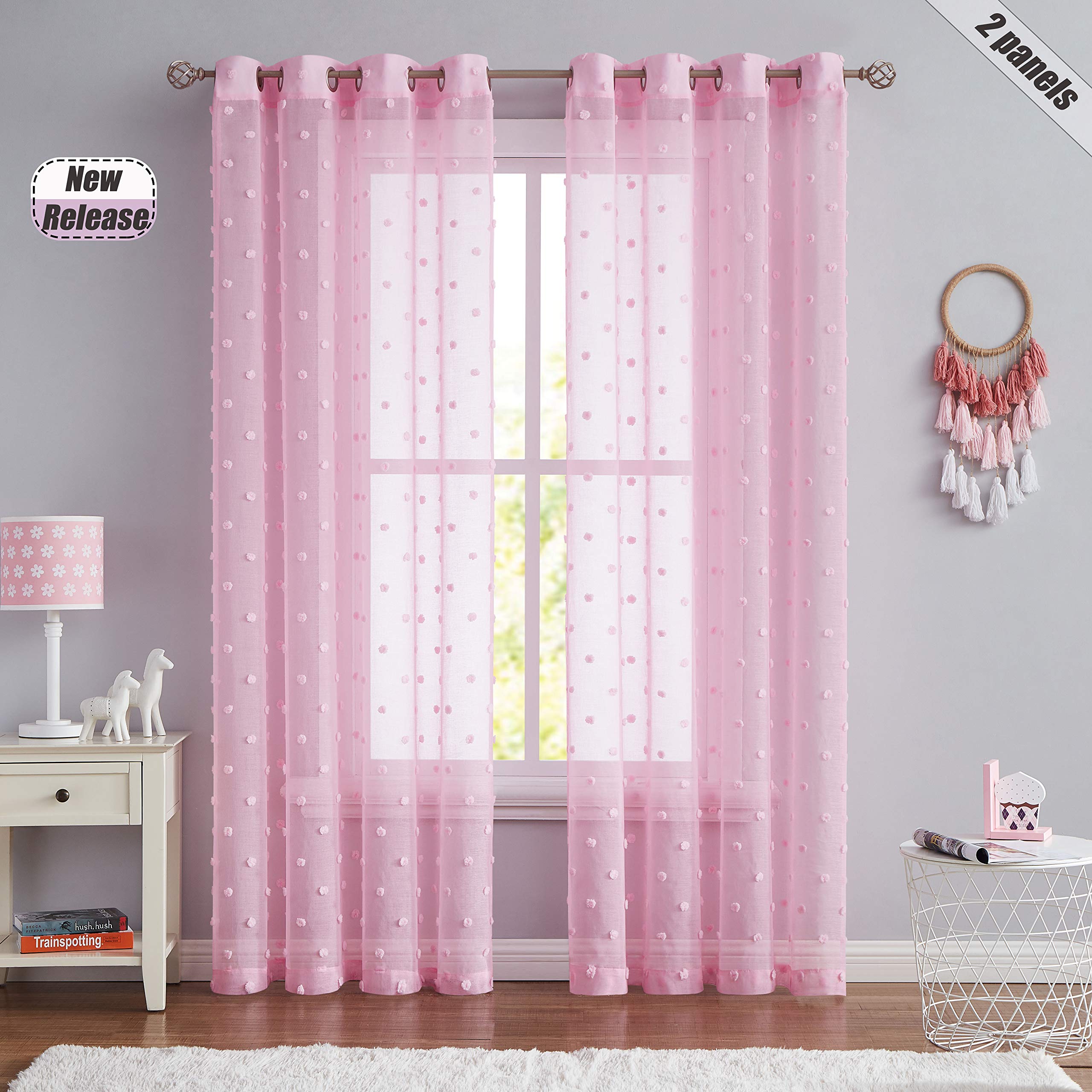 Beauoop Cute Pom Pom Sheer Curtains for Girls Kids Room Dot Voile Sheer Juvenile Drapes for Bedroom Living Room Light Filtering Decorative Eyelet Window Treatment Sets (2 Panels