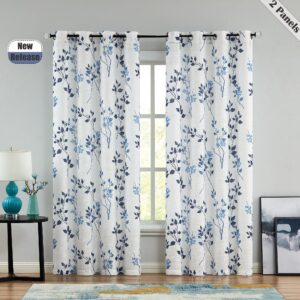 Beauoop Leaf Print Sheer Window Curtains 90 Inches Long Botanical Floral Pattern Panels Linen Texture Drapes for Living Room/Bedroom/Farmhouse Voile Eyelet Window Treatment