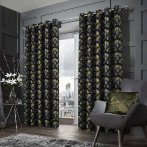 always4u Jacquard Curtains Lining Eyelet Thermal Insulating Nature Style Woven Banana Leaf Pattern For Bedroom Living Room Window Treatment A Pair Black Yellow 90*9