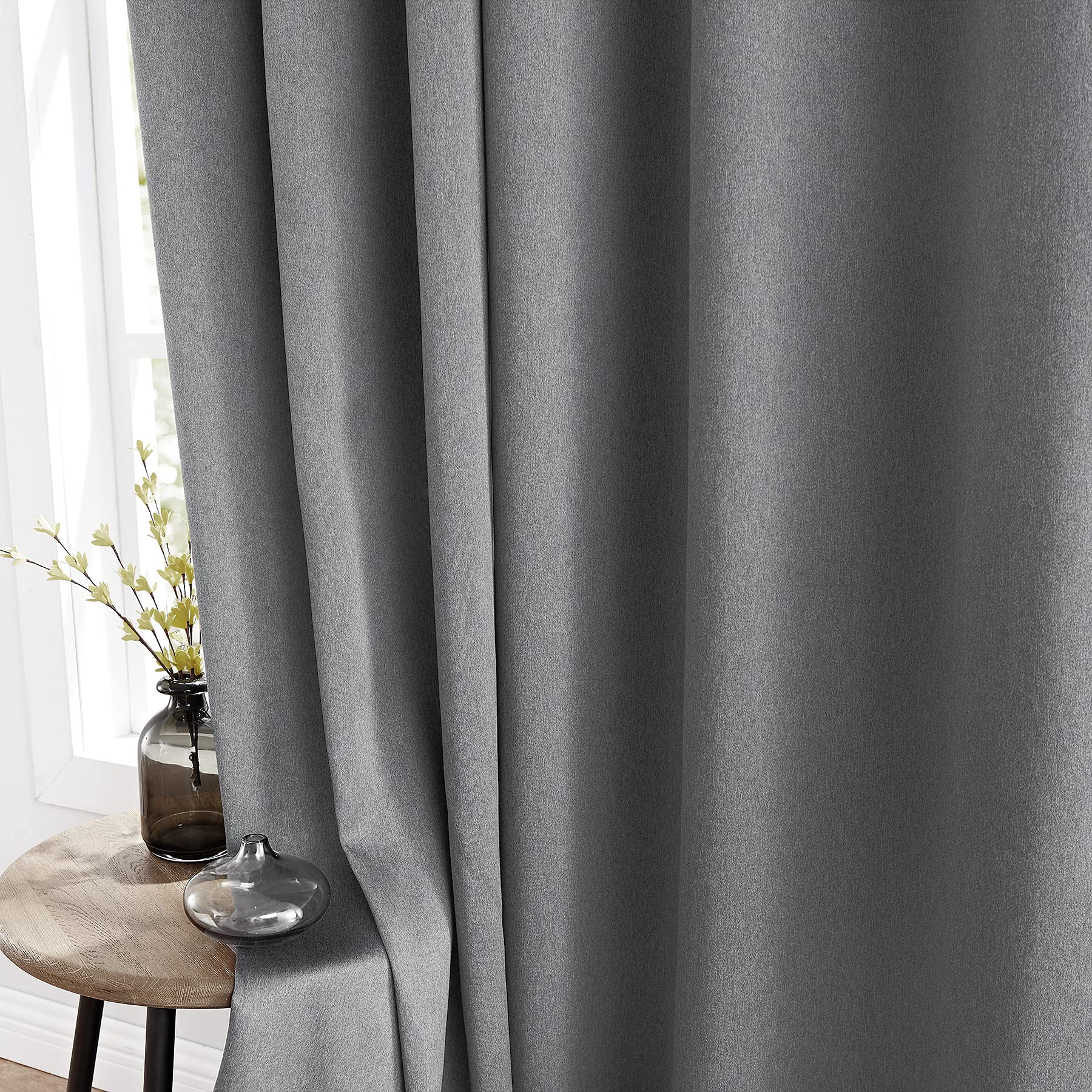 Full Blackout Grey Curtains Triple Weave Thermal Insulated Guest Bedroom Eyelet Curtains Solid Sunlight Block Noise Reducing Window Drapes for Living Room Divider