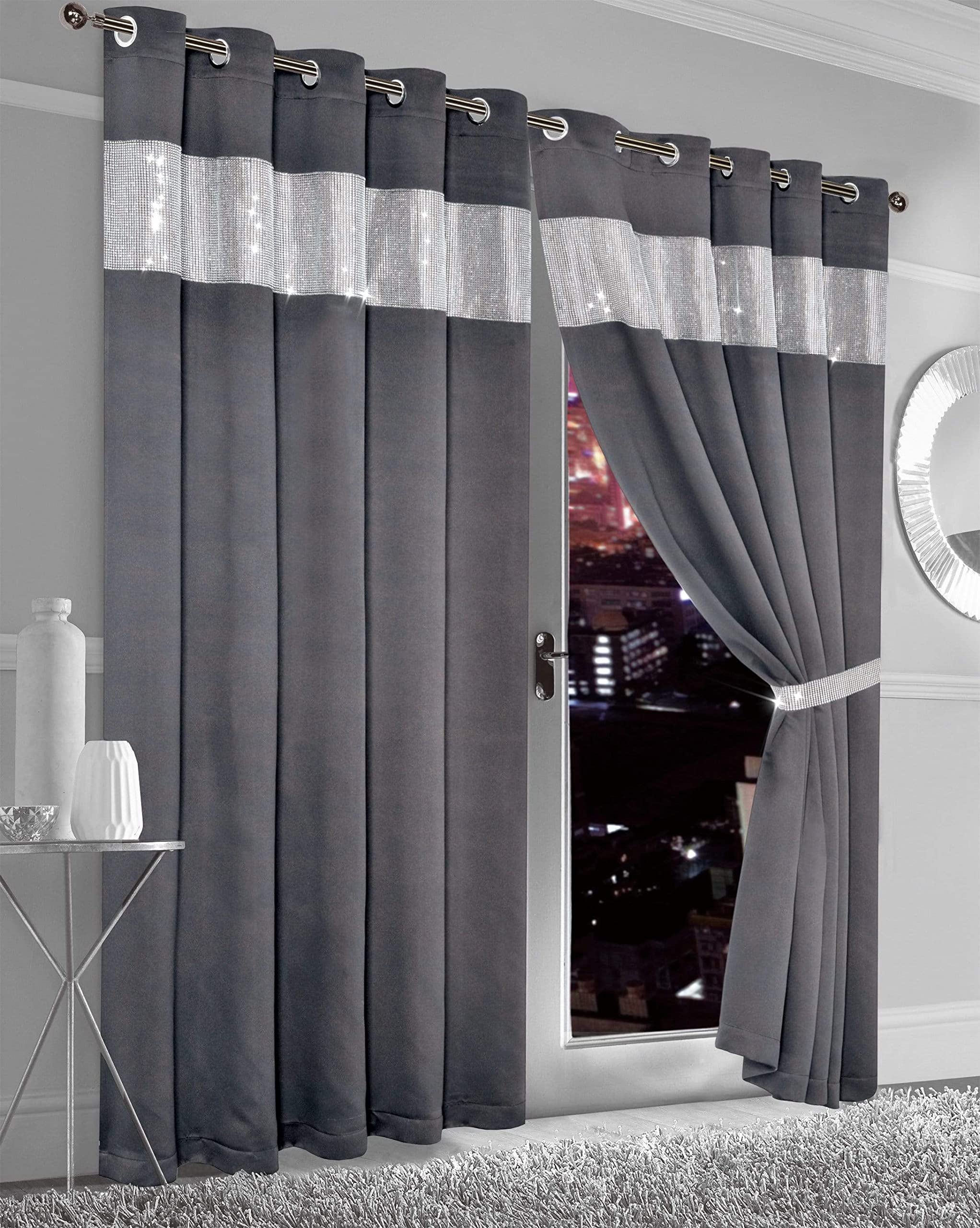 Olivia Rocco Diamante Blackout Eyelet Curtains With Tie Backs Black Out Thermal Ring Top Curtain Pair Window Dressing
