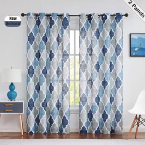 Beauoop Lattice Moroccan Tile Print Curtains 90 Inches Long Quatrefoil Linen Like Semi Sheer Curtain Grommet Window Treatment Set for Farmhouse Living Room Kitchen