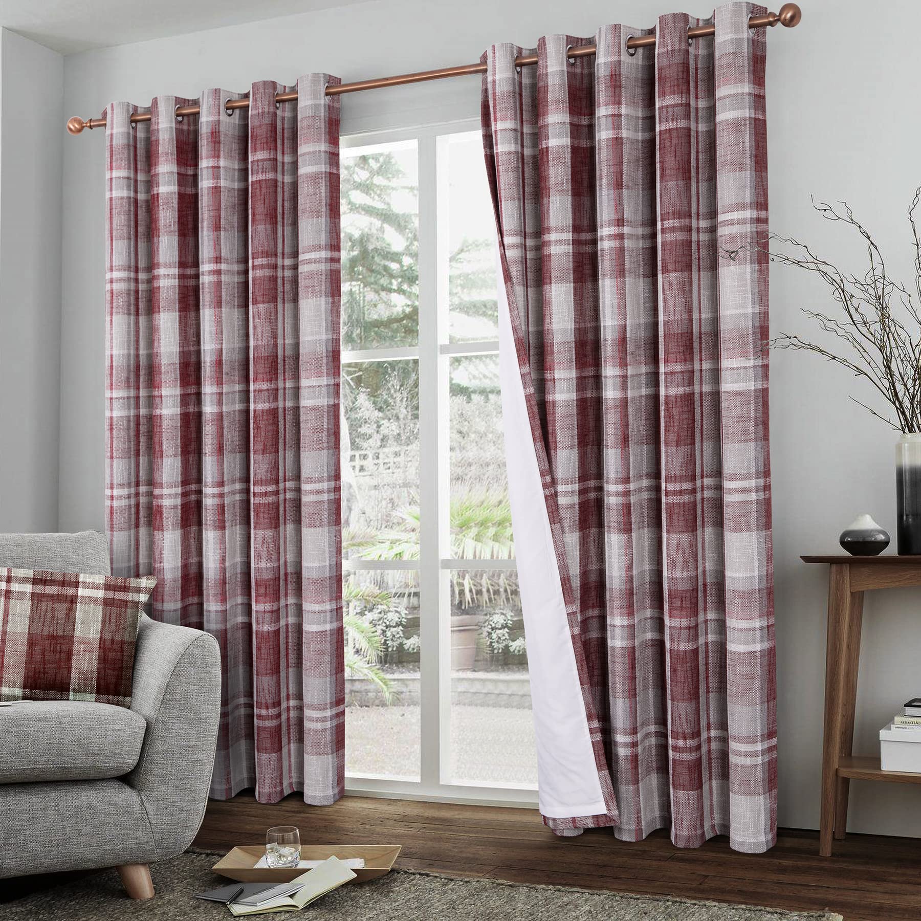 always4u Red Check Curtains Eyelet Fully Lined Kont Textured Red Tartan Curtains for Living Room Bedroom 1 Pair 90 * 90 Red