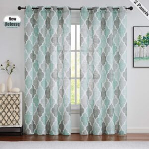 Beauoop Lattice Moroccan Tile Print Curtains 90 Inches Long Quatrefoil Linen Like Semi Sheer Curtain Grommet Window Treatment Set for Living Room Kitchen