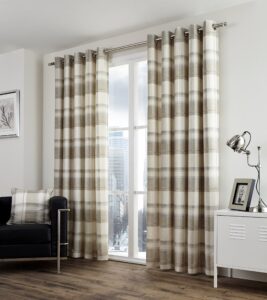 Fusion - Balmoral Check - 100 Percent Cotton Ready Made Pair of Eyelet Curtains in Natural- 46 Width x 72 Drop (117 x 183 cm)