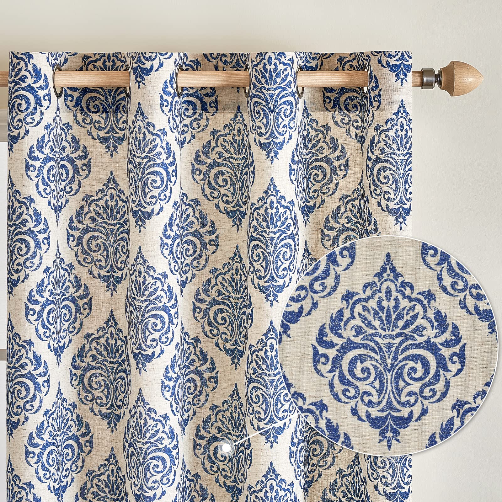 MIULEE Damask Printed Curtains Vintage Linen Textured Room Darkening Drapes Floral Pattern Window Treatments Shading with Grommets for Living Room Bedroom Cafe 2 Panels