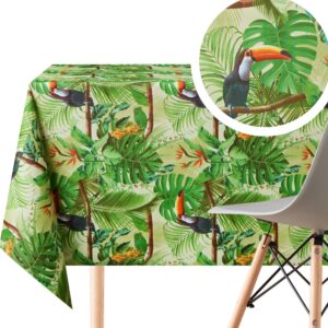 Green Tropical Jungle Wipe Clean Tablecloth - Textil Look - Rectangular 200x140 cm 78x55in - 6 Seats - Waterproof Vinyl PVC Wipeable Plastic Table Cloths - Garden Kitchen - Toucan Birds Palm Leaves