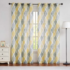 Beauoop Yellow Grey Sheer Window Curtains Moroccan Tile Print Panels Quatrefoil Linen Texture Grommet Drapes for Farmhouse/Living Room/Kitchen Lattice Window Treatment Set