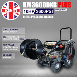 Kiam KM3600DXR Plus 10hp Industrial Diesel Pressure Washer with Gearbox Reduction (3600PSI @ 15 LTR/Min) High Jet Power Driveway Patio Car Block Paving Cleaner c/w 30m Hose & Hose Reel