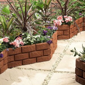 4 x Brick Effect Garden Border Lawn Edging Strips – Terracotta Weatherproof Interlocking Hammer-In Outdoor Garden Fence or Planter Panels with Detachable Feet – Each H17.5 x L43cm